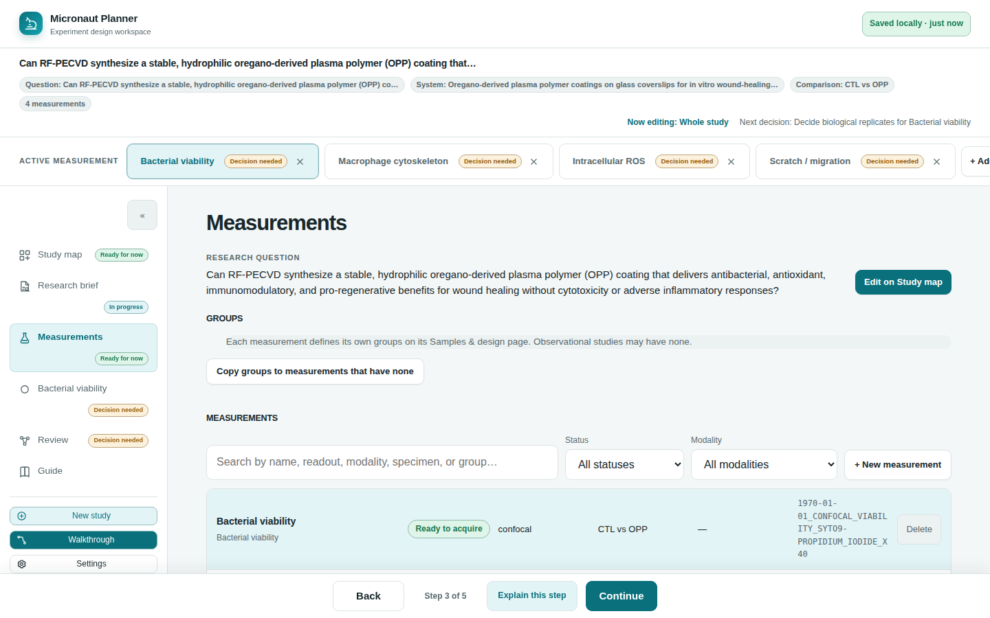 Measurements registry: a searchable, filterable list of the study's measurements with their status, modality, and comparison groups.