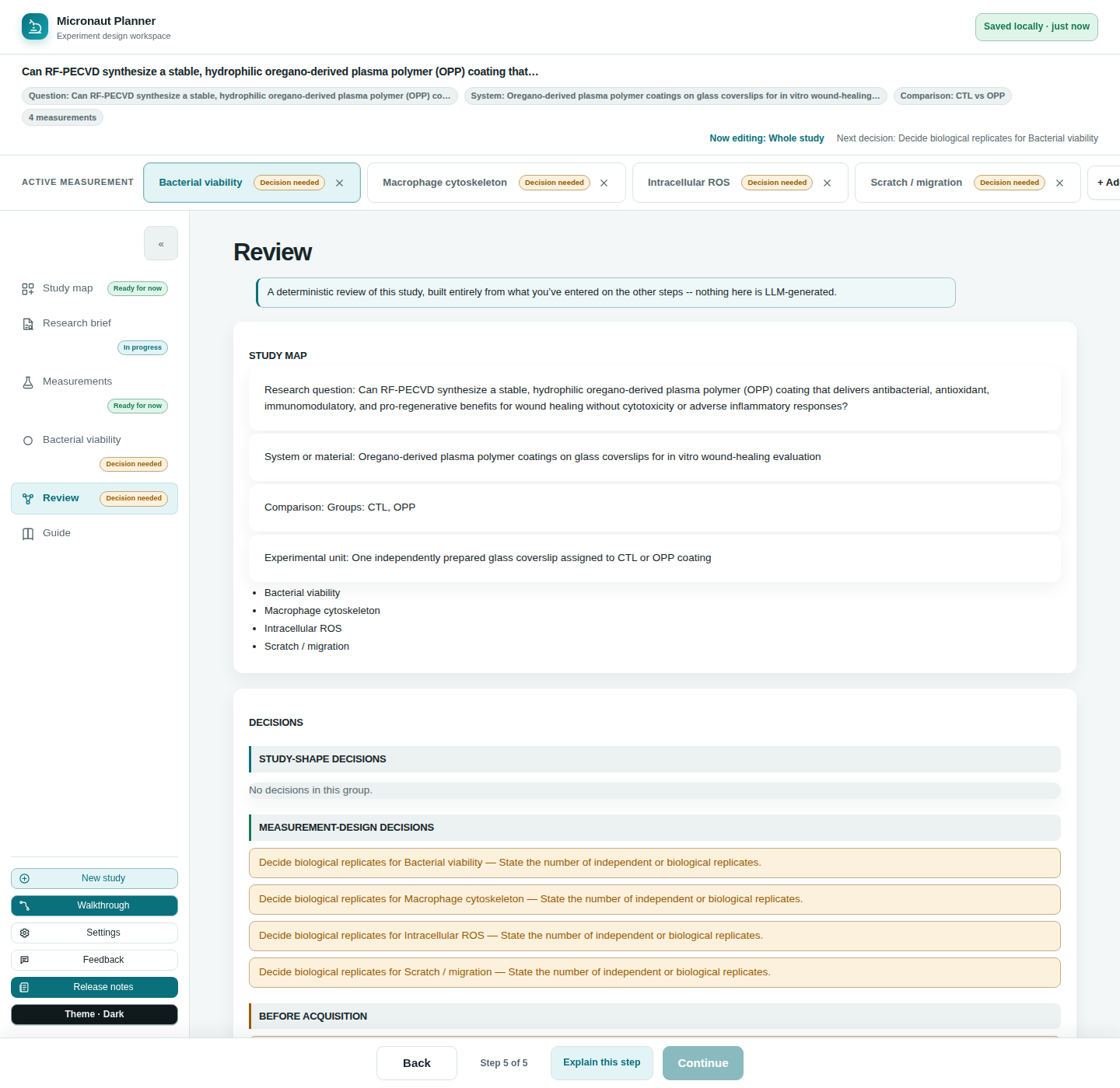 Review screen showing the whole study's readiness, its diagram, and its exports in one screen.