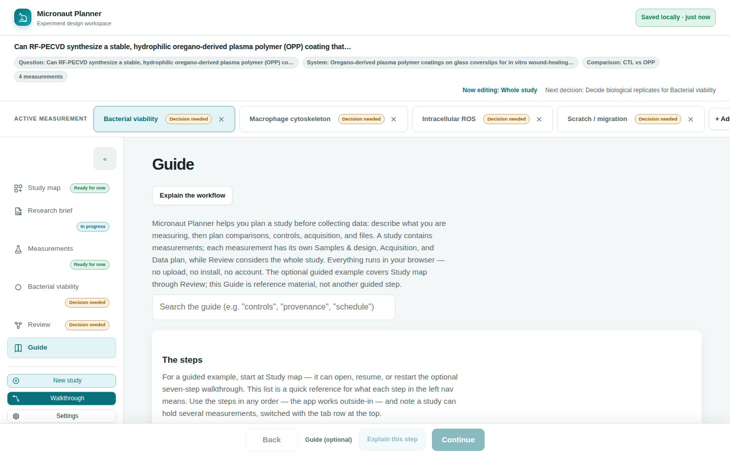 The Guide step: a searchable in-app reference with a search box and definition-style sections for every term and workspace.