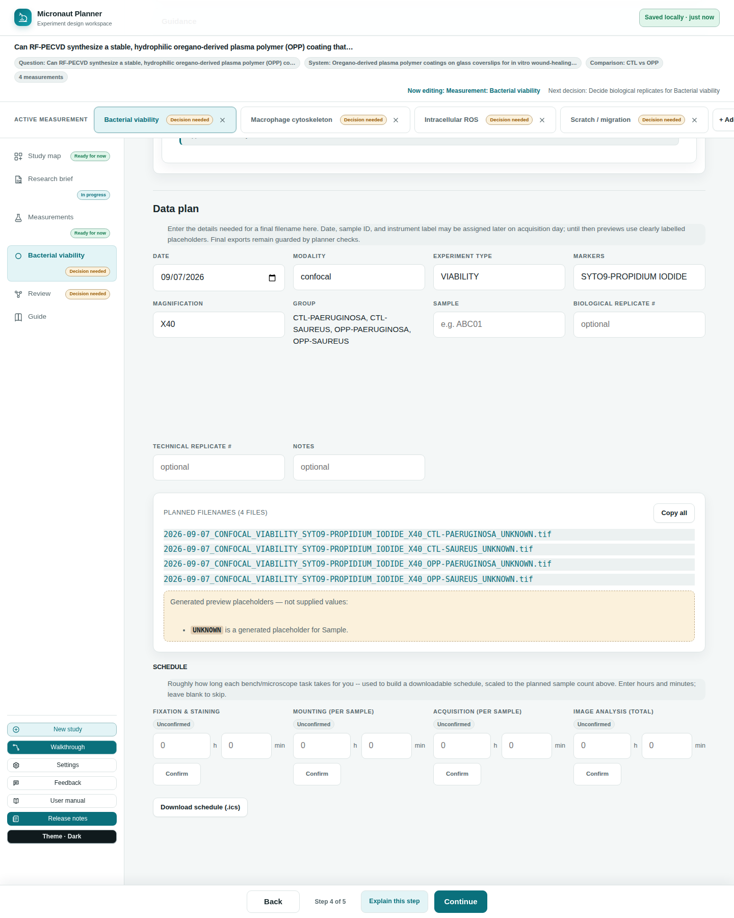 The Data plan section, showing the naming fields (date, modality, experiment type, markers, magnification, group, sample), the four planned filenames generated from them, and a note listing UNKNOWN as a generated placeholder.