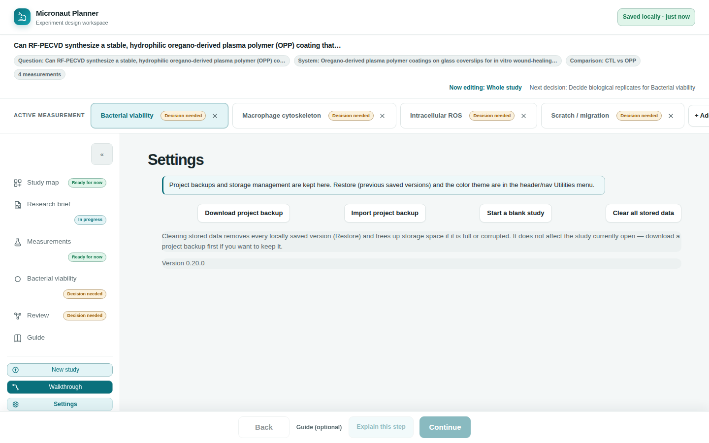 The Settings screen, showing Download project backup, Import project backup, Start a blank study and Clear all stored data buttons, with a note explaining what clearing removes.