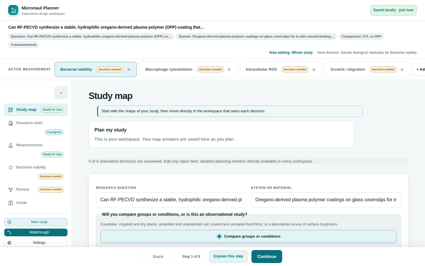 Study map screen showing the research question, system, comparison groups, experimental unit, and four measurements for the example wound-healing study.