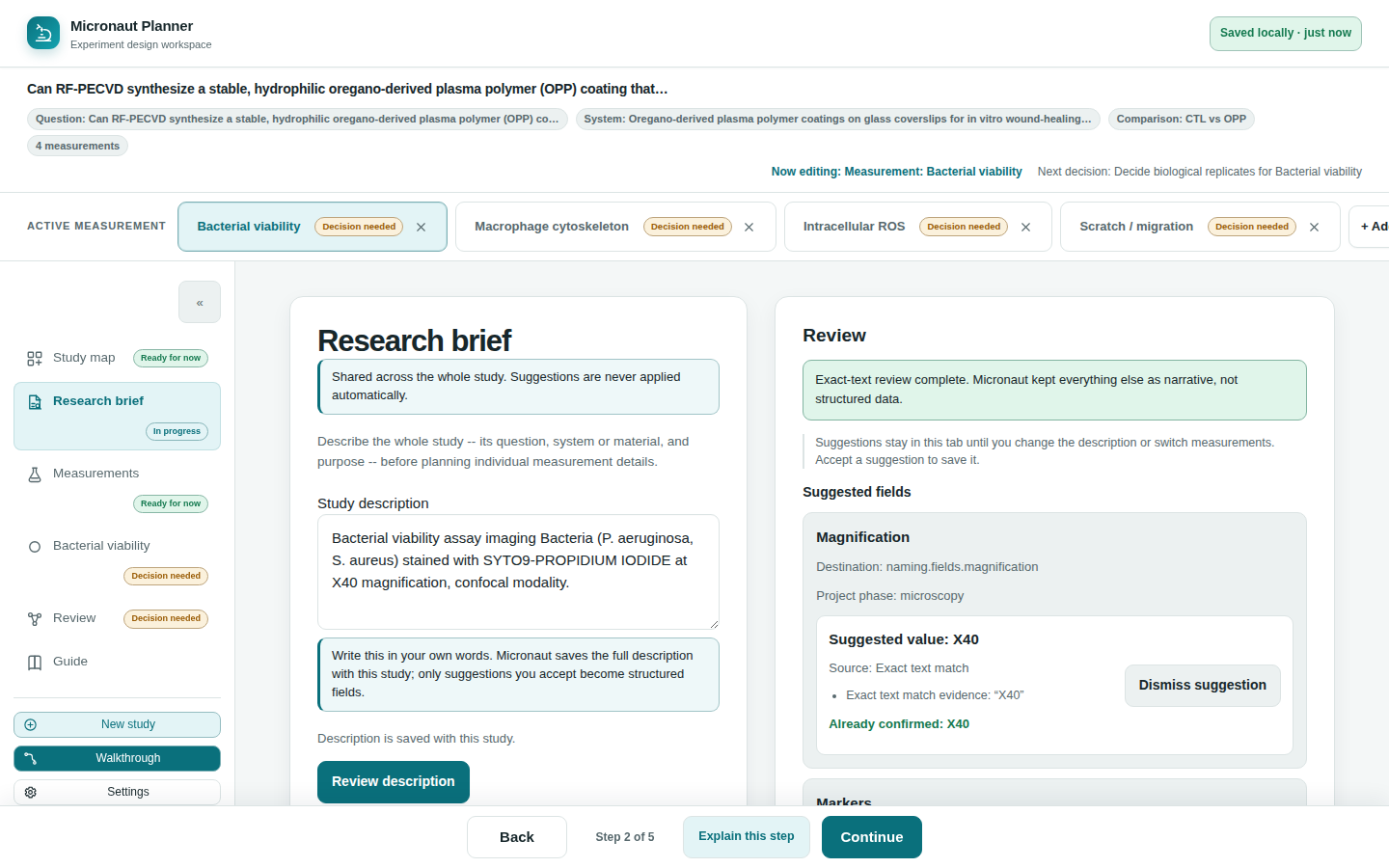 Research brief screen with a free-text study description on the left and, on the right, a Review panel suggesting a structured Magnification field extracted from an exact-text match in that description.