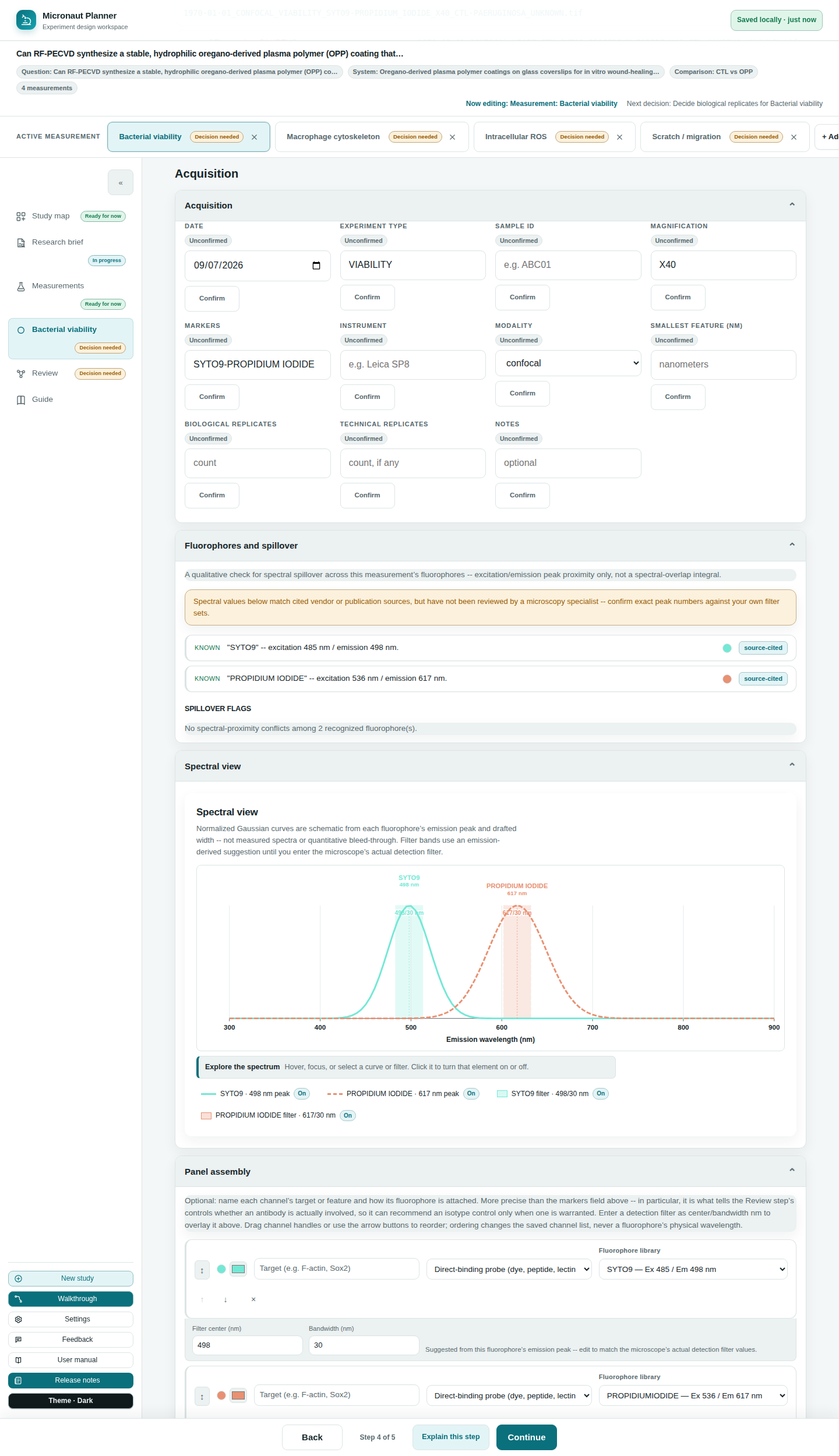 Acquisition panel for a measurement, showing fluorophore channels seeded from the markers field, an unreviewed-badge spectral overlap chart, and the structured panel-assembly editor.